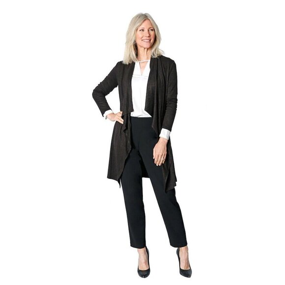 𝅺h Halston BNWT Black Waterfall Cardigan NEW Open Front Soft Cozy - Picture 1 of 7